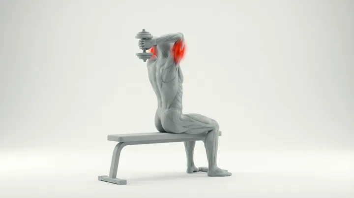 Dumbbell Seated Overhead Tricep Extension, 3D demonstration