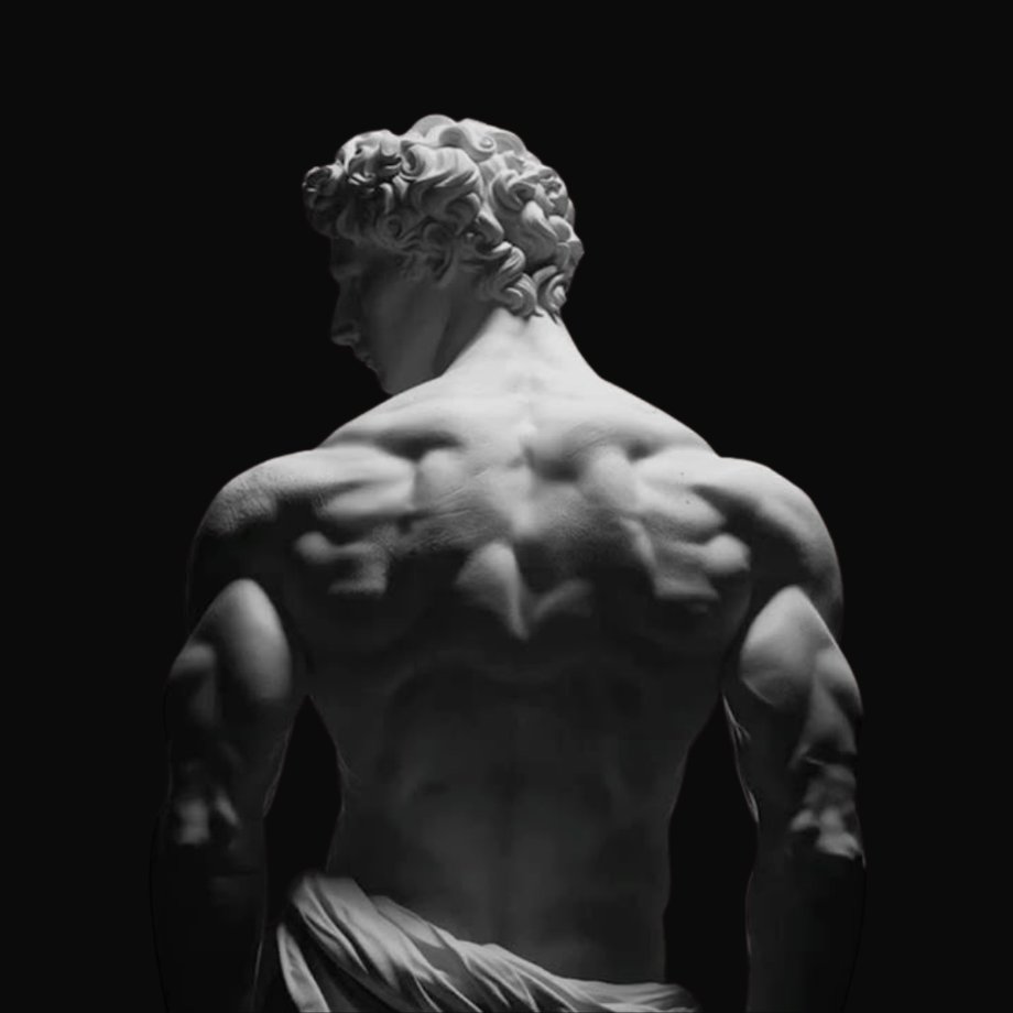 EGON, Greek warrior statue seen from the back