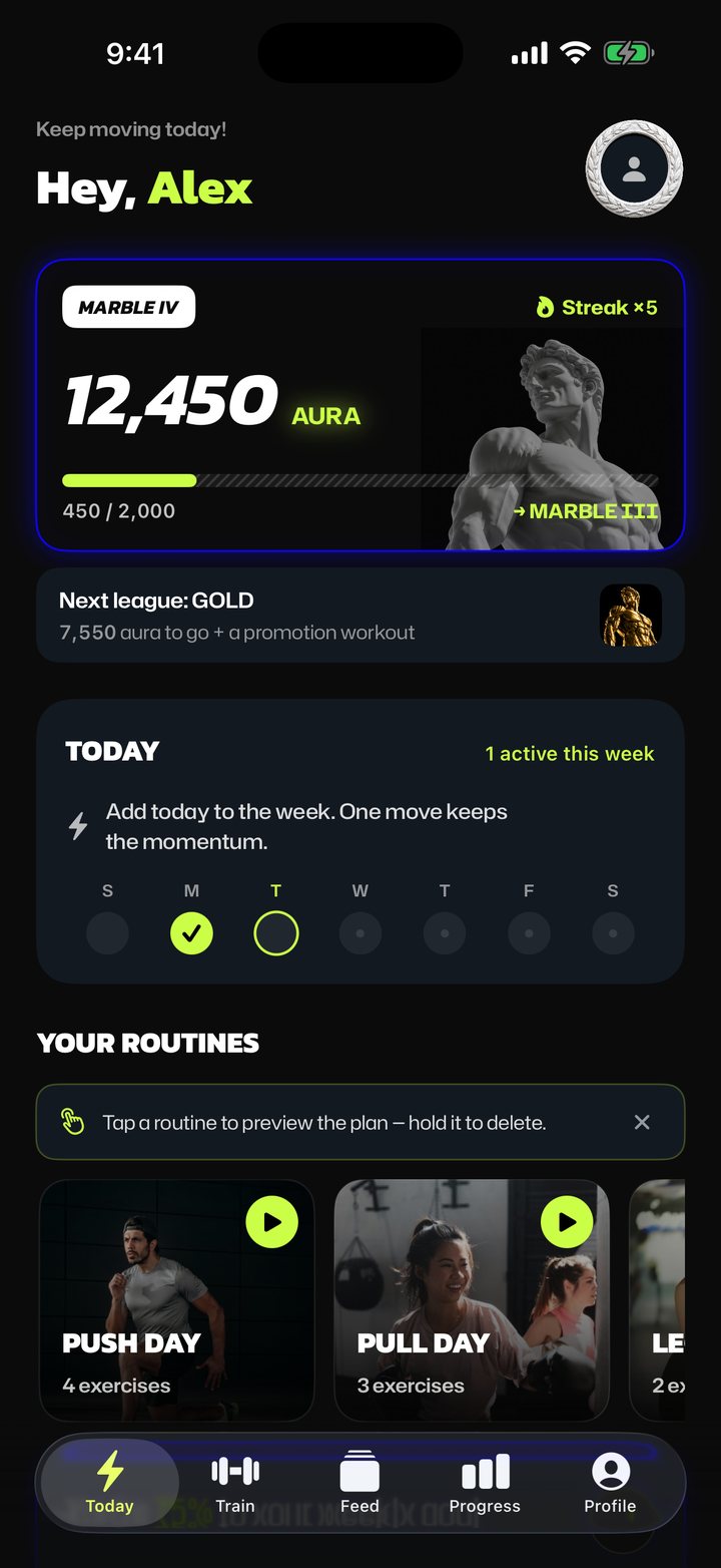 EGON home screen, aura card, streak and daily activity