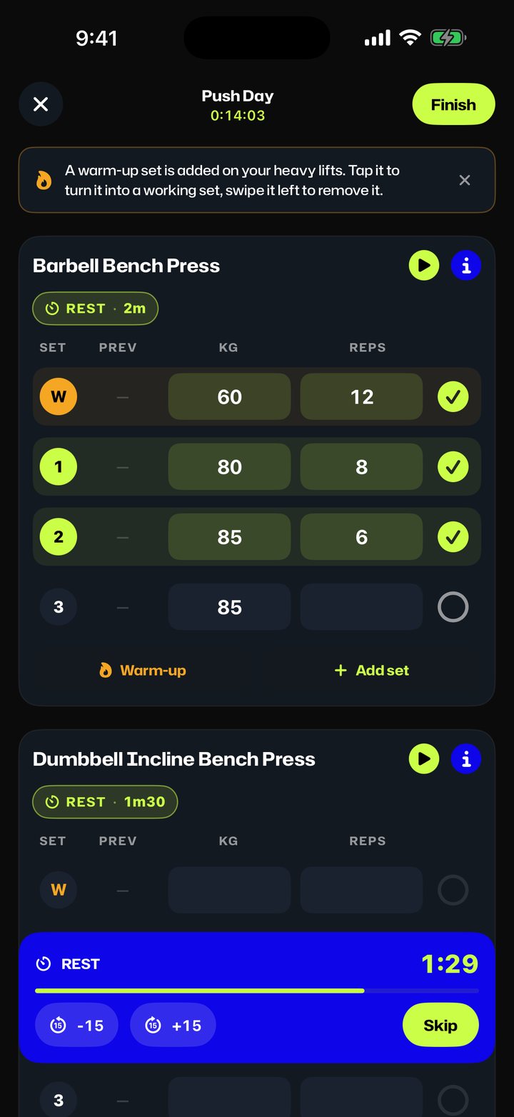 EGON, logging a workout, sets, reps and rest timer